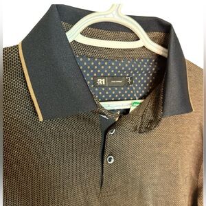 LE 31 PAR SIMONS New Long Sleeve Polo Shirt Buttons Navy Tan Collar Large